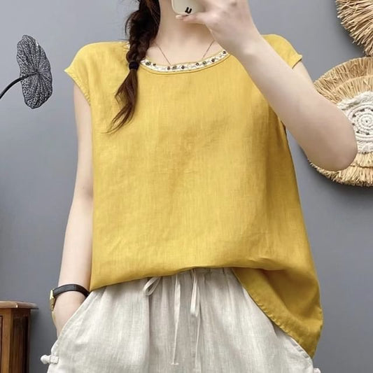 Beaded Round-Neck Cap-Sleeved Top