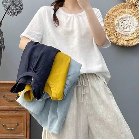 Plain Crew-Neck Short-Sleeved Top