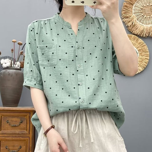 Dotted V-Neck Elbow-Sleeved Blouse