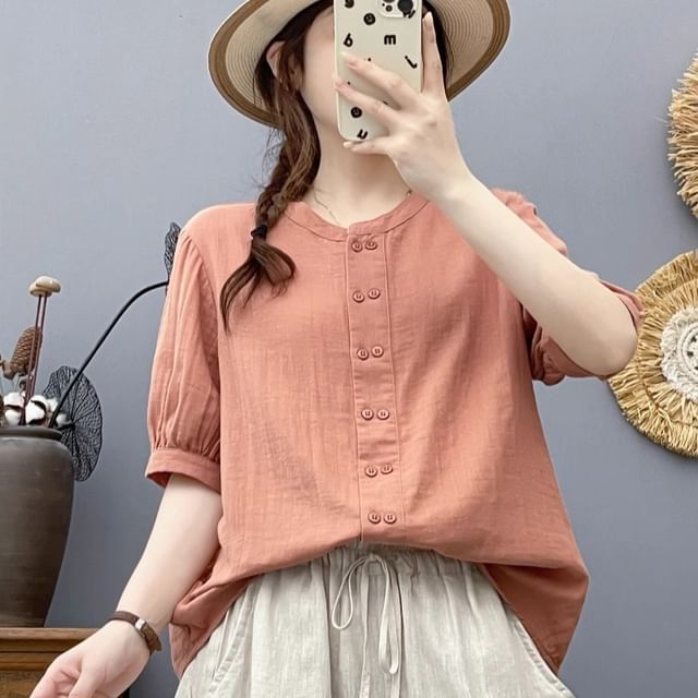 Plain Double-Breasted Round-Neck Elbow-Sleeved Blouse