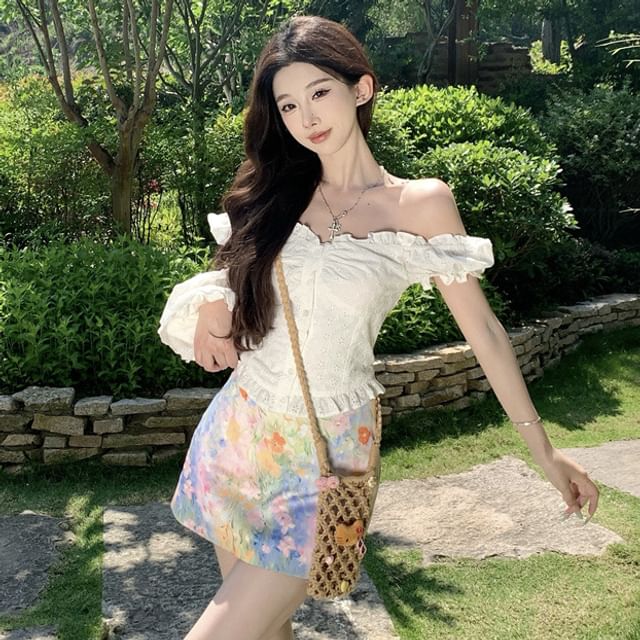 Off-Shoulder Puff-Sleeved Ruffle-Trimmed Slim Cropped Blouse & High-Rise Tie-Dye Mini Skirt
