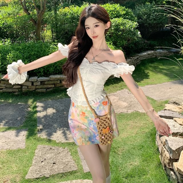 Off-Shoulder Puff-Sleeved Ruffle-Trimmed Slim Cropped Blouse & High-Rise Tie-Dye Mini Skirt