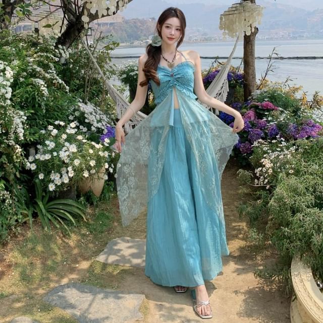 Halter Lace-Paneled Ruffled Asymmetric Slit Cami & High-Waist Wide-Leg Pants Set