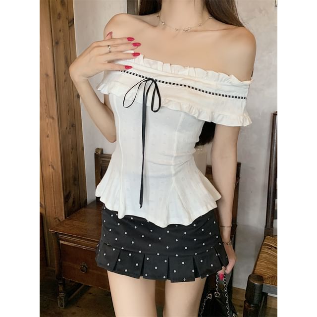 Frill-Trimmed Off-Shoulder Peplum Cropped Top with Dotted Pleated Mini Skirt