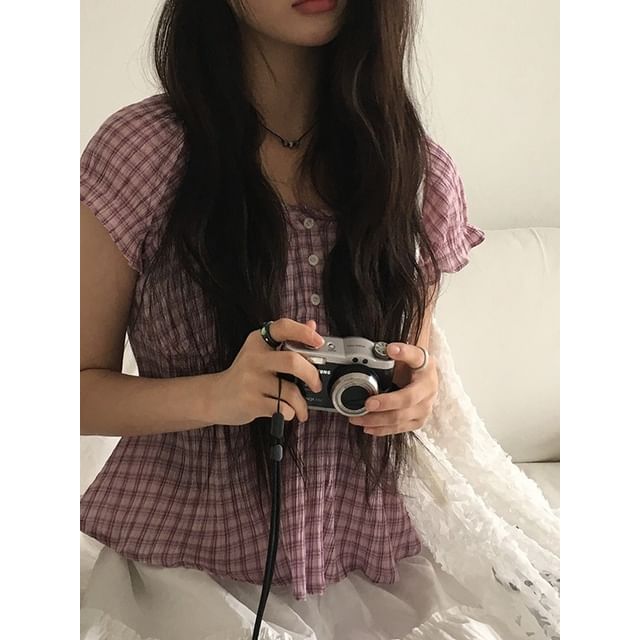 Plaid Peplum Short-Sleeved Blouse