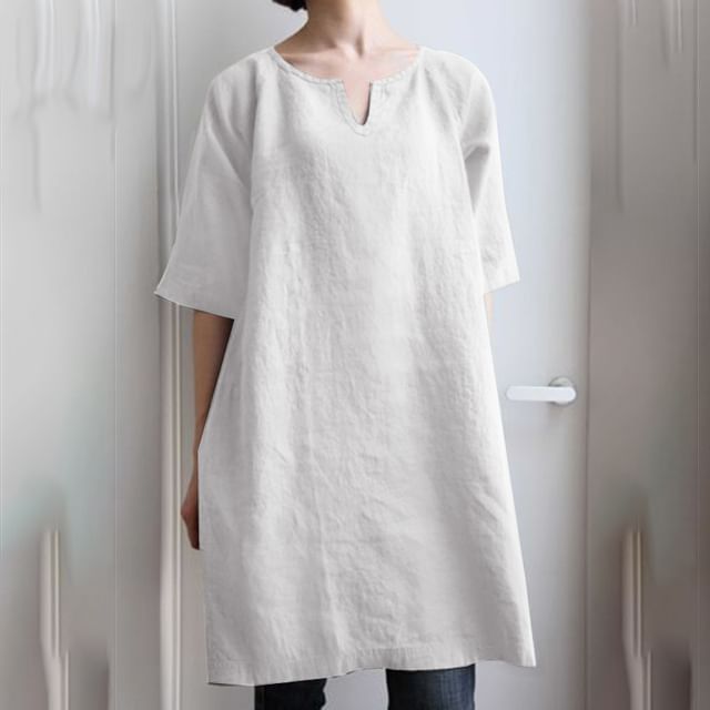 Notch-Neck Short-Sleeved Plain Tunic Blouse
