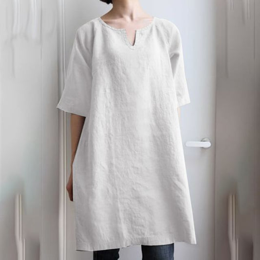 Notch-Neck Short-Sleeved Plain Tunic Blouse