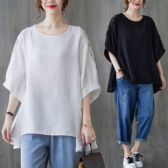 Asymmetric Lace-Panelled Three-Quarter Sleeved Round-Neck Tee