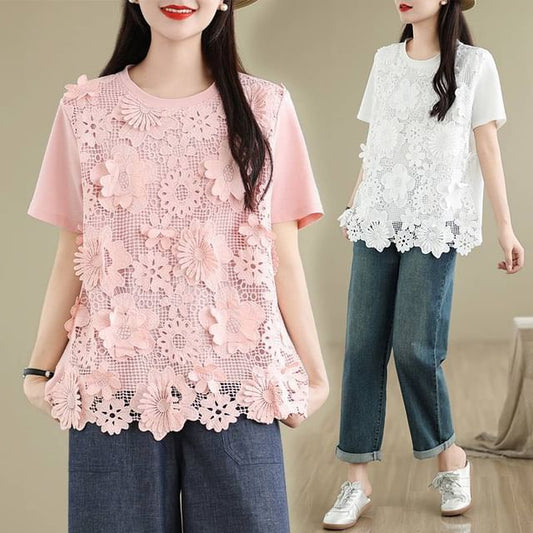 Lace-Panelled Crew-Neck Short-Sleeved Plain Tee