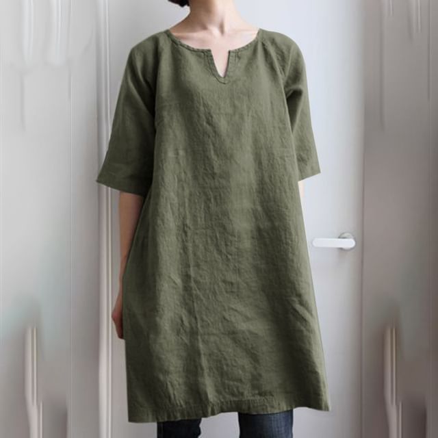 Notch-Neck Short-Sleeved Plain Tunic Blouse