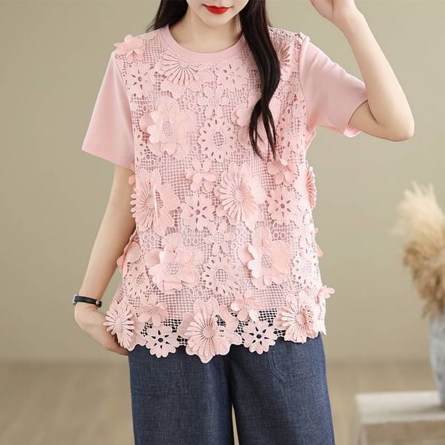 Lace-Panelled Crew-Neck Short-Sleeved Plain Tee