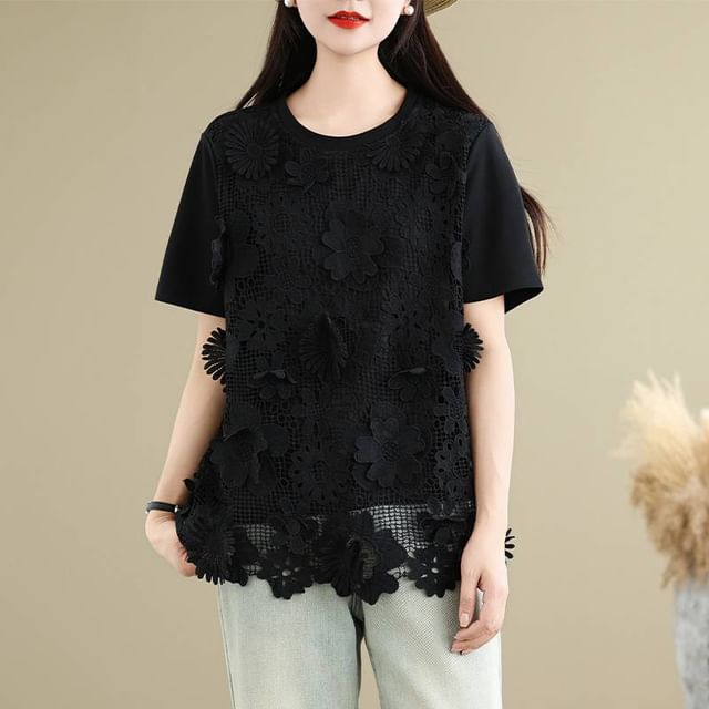 Lace-Panelled Crew-Neck Short-Sleeved Plain Tee