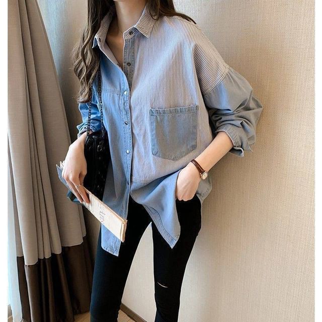Striped Panelled Long-Sleeved Denim Shirt