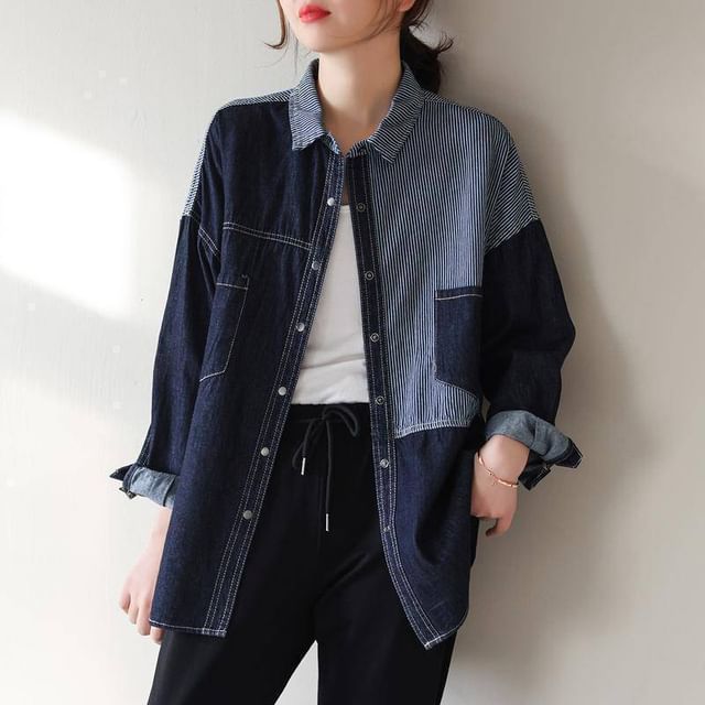 Striped Panelled Long-Sleeved Denim Shirt