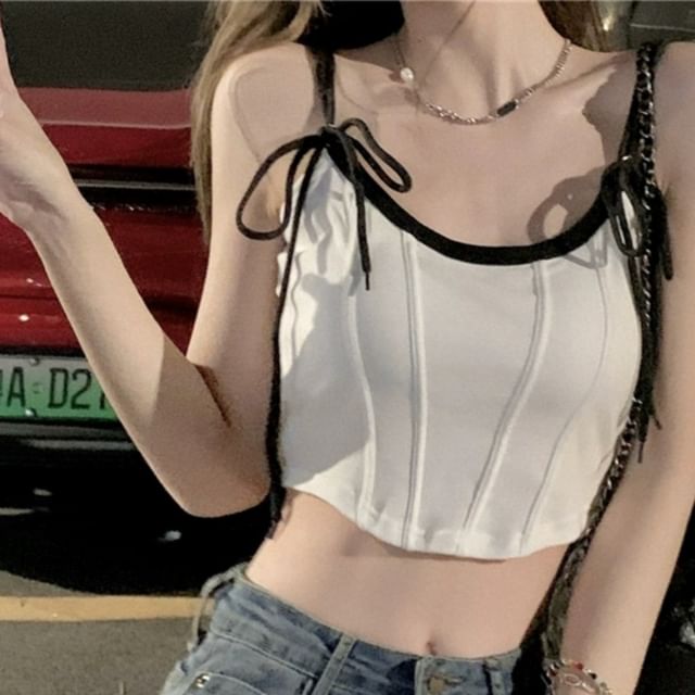 Contrast-Trimmed Tie-Shoulder Cropped Cami Top