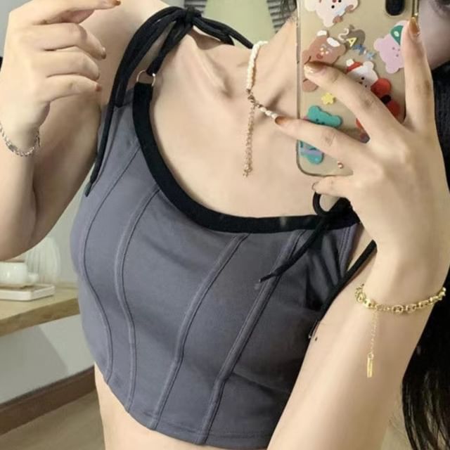 Contrast-Trimmed Tie-Shoulder Cropped Cami Top