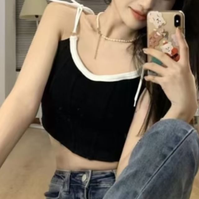 Contrast-Trimmed Tie-Shoulder Cropped Cami Top