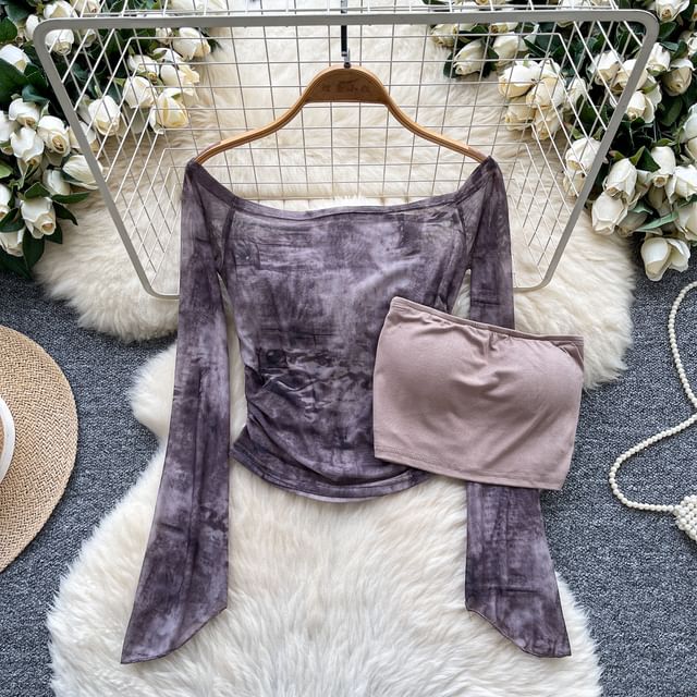 Flared-Sleeved Off-Shoulder Plaid Tee with Plain Tube Top Set