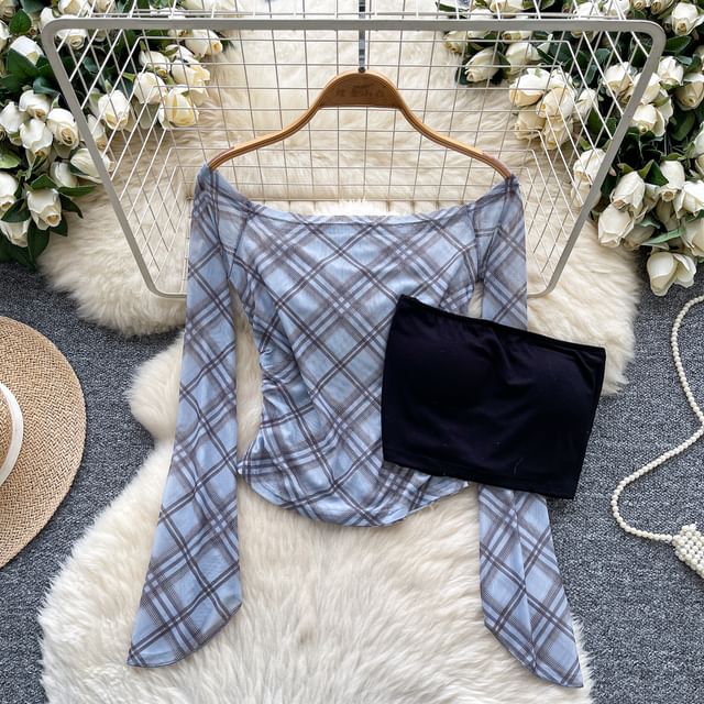 Flared-Sleeved Off-Shoulder Plaid Tee with Plain Tube Top Set