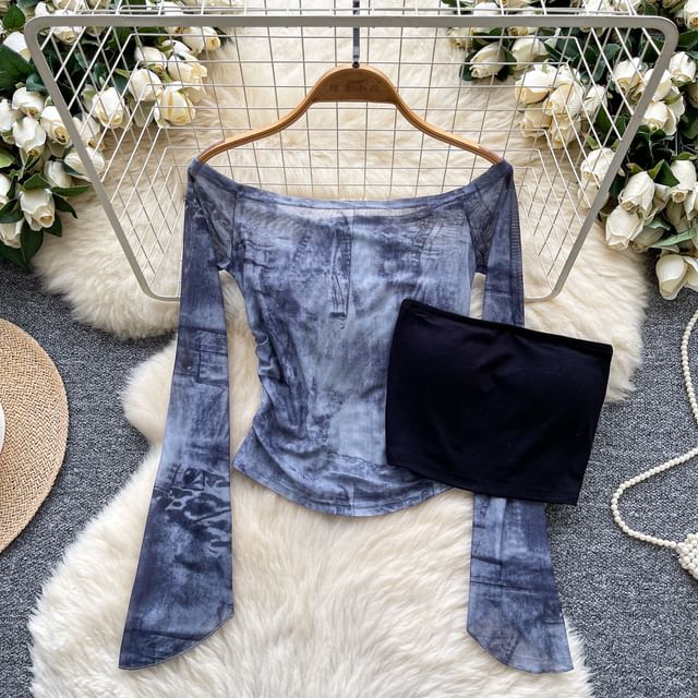 Flared-Sleeved Off-Shoulder Plaid Tee with Plain Tube Top Set