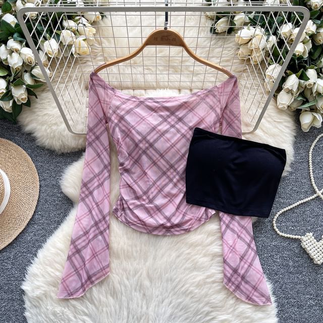 Flared-Sleeved Off-Shoulder Plaid Tee with Plain Tube Top Set