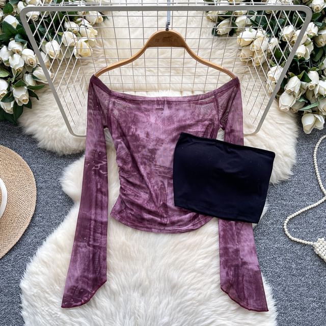 Flared-Sleeved Off-Shoulder Plaid Tee with Plain Tube Top Set