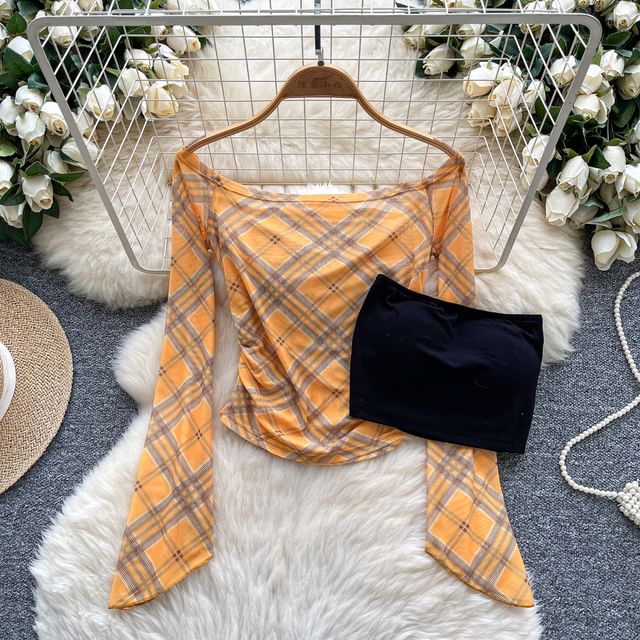 Flared-Sleeved Off-Shoulder Plaid Tee with Plain Tube Top Set