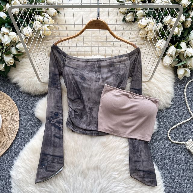 Flared-Sleeved Off-Shoulder Plaid Tee with Plain Tube Top Set