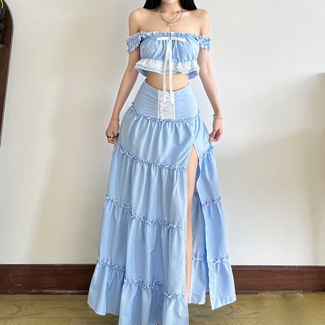Striped Off-Shoulder Cropped Top with High-Waisted Maxi A-Line Skirt