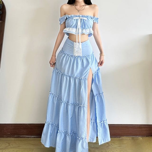 Striped Off-Shoulder Cropped Top with High-Waisted Maxi A-Line Skirt