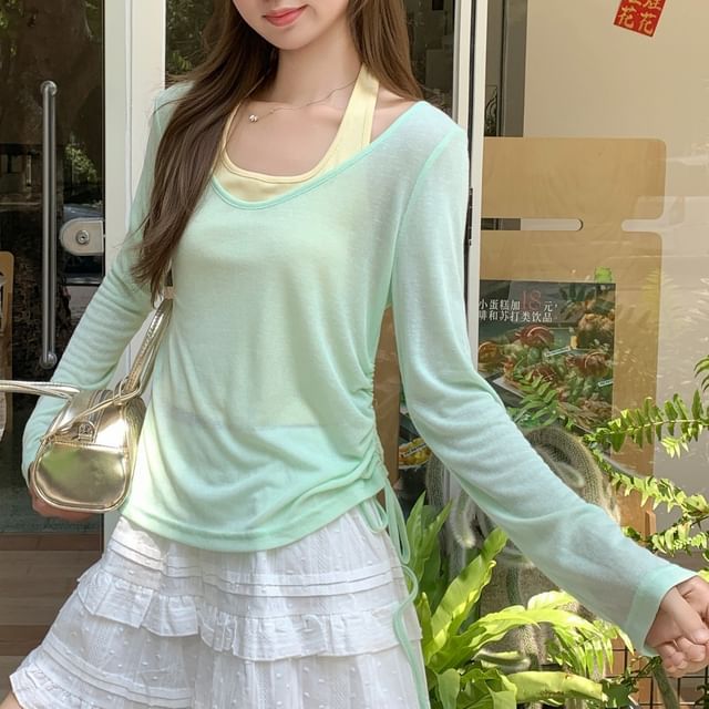 Long-Sleeved Scoop-Neck Plain Top with Halter Tank Set