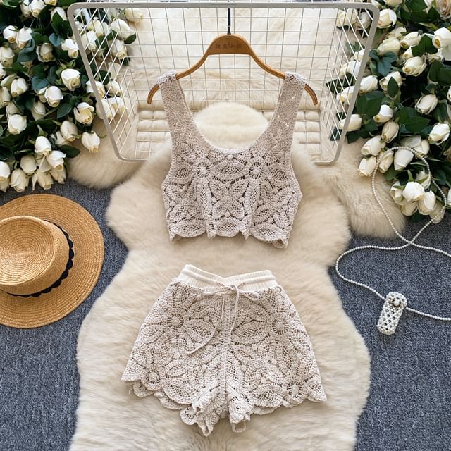 Sleeveless Lace Cropped Top and Shorts Set