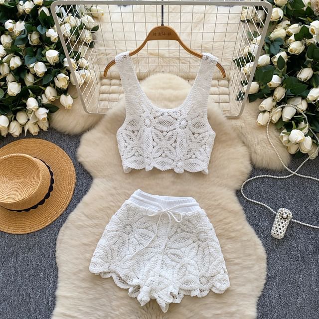 Sleeveless Lace Cropped Top and Shorts Set