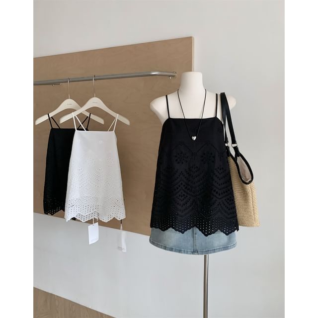 Pointelle Spaghetti-Strap Plain Camisole Top