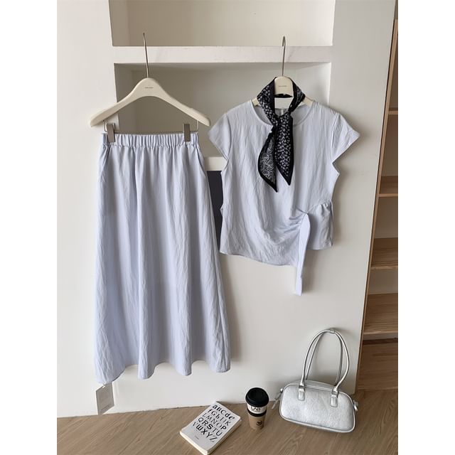 Tie-Waist Crew-Neck Short-Sleeved Top with Maxi Skirt and Scarf Set
