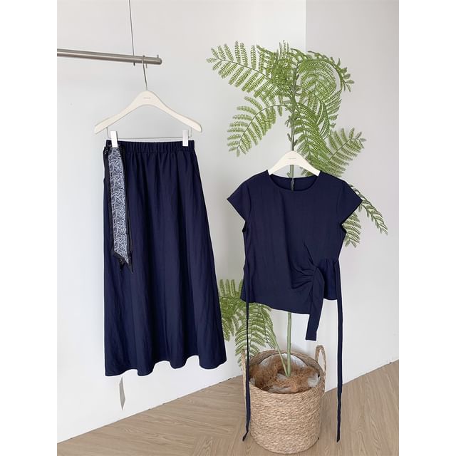 Tie-Waist Crew-Neck Short-Sleeved Top with Maxi Skirt and Scarf Set