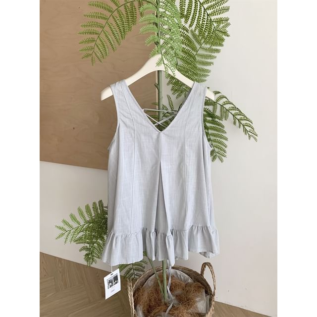 Ruffle-Trimmed V-Neck Sleeveless Plain Top