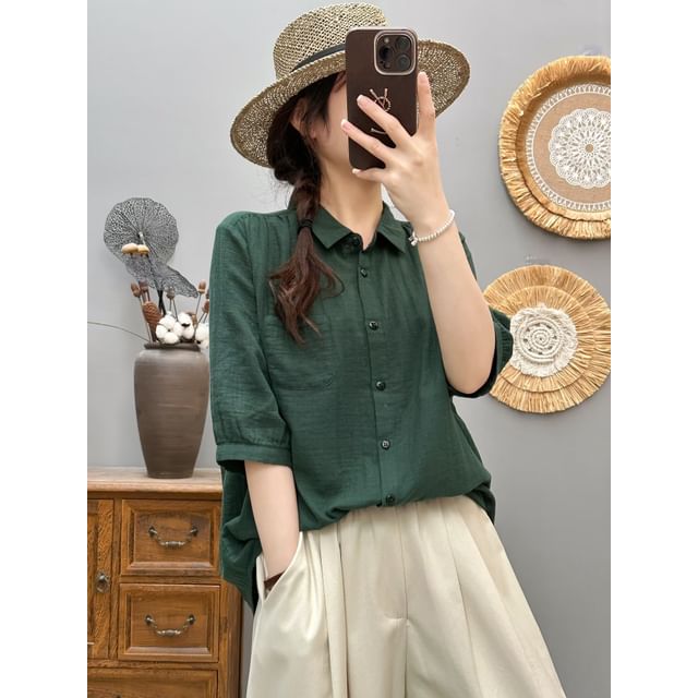 Collared Plain Elbow-Sleeved Blouse