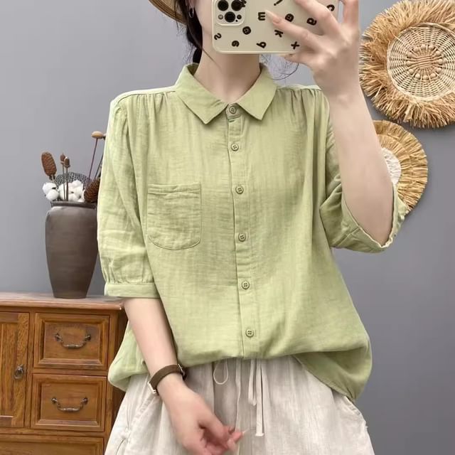 Collared Plain Elbow-Sleeved Blouse