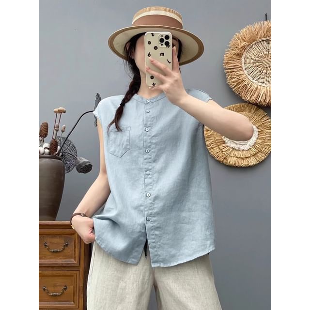 Plain Band-Collar Cap-Sleeved Blouse