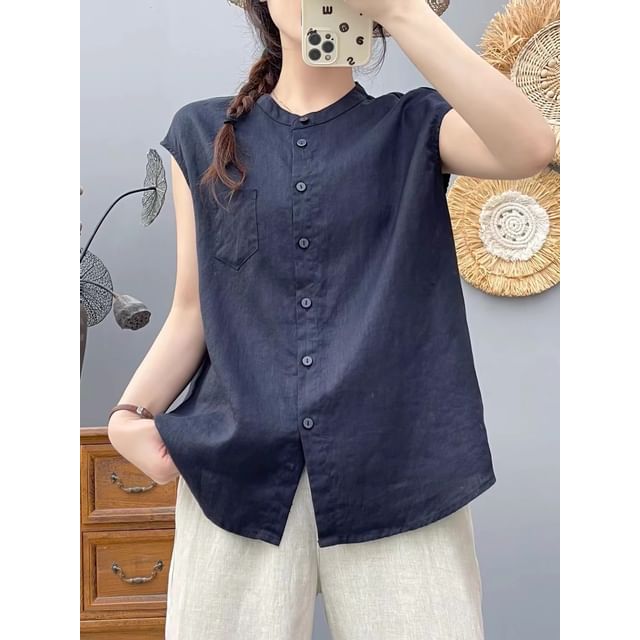 Plain Band-Collar Cap-Sleeved Blouse