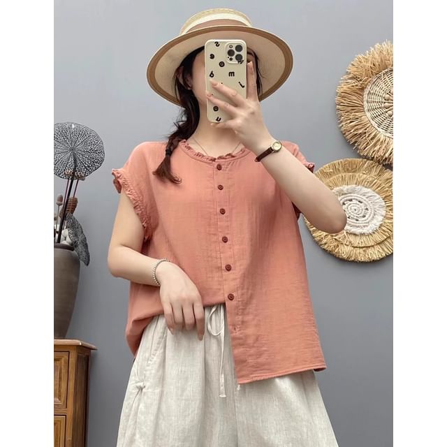 Plain Frilled Round-Neck Cap-Sleeved Blouse