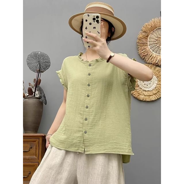 Plain Frilled Round-Neck Cap-Sleeved Blouse
