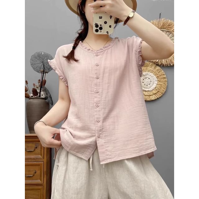 Plain Frilled Round-Neck Cap-Sleeved Blouse