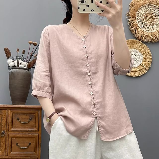 Plain V-Neck Elbow-Sleeved Blouse