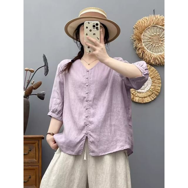 Plain V-Neck Elbow-Sleeved Blouse