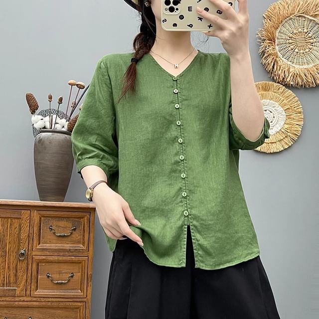 Plain V-Neck Elbow-Sleeved Blouse