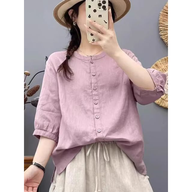 Plain Crew-Neck Elbow-Sleeved Blouse