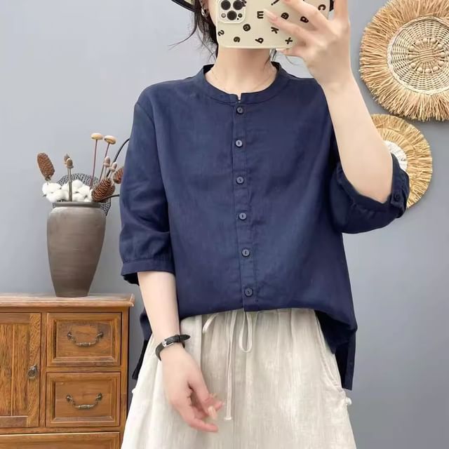 Plain Crew-Neck Elbow-Sleeved Blouse