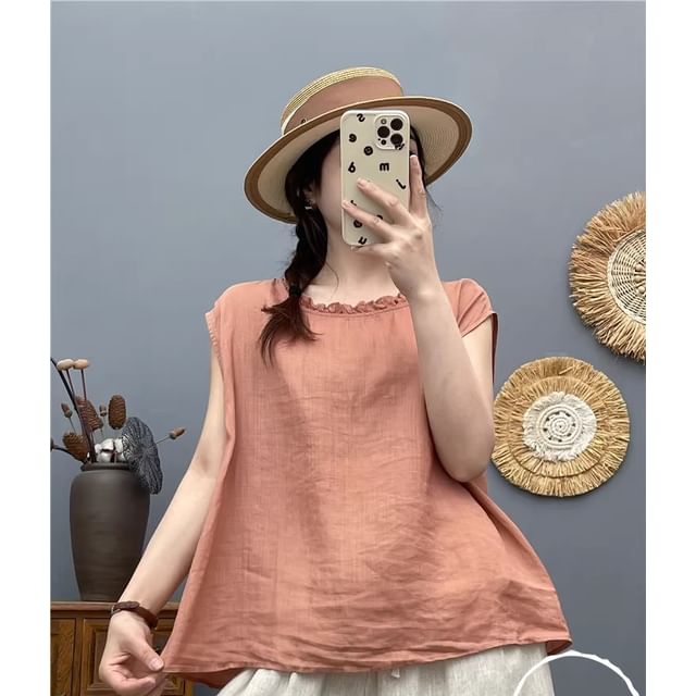 Plain Frilled Crew-Neck Cap-Sleeved Top
